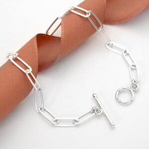 925 Sterling Silver Paperclip Toggle Clasp Bracelet 7 inch, Dainty Bracelet
